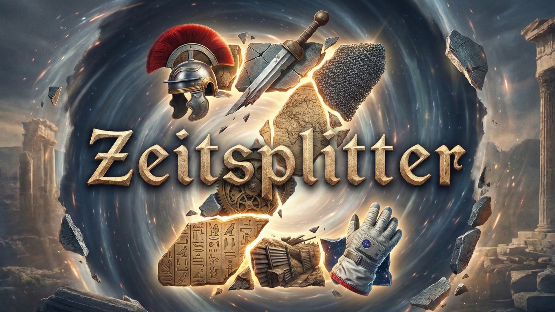Kanalbanner Zeitsplitter: Helm, Schwert, Kettenhemd, Zahnräder und ein Astronautenhandschuh in einem Zeitstrudel zwischen antiken Ruinen